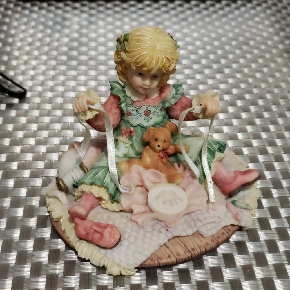 Charming Girl Figurine with Teddy Bear - Pink and Green